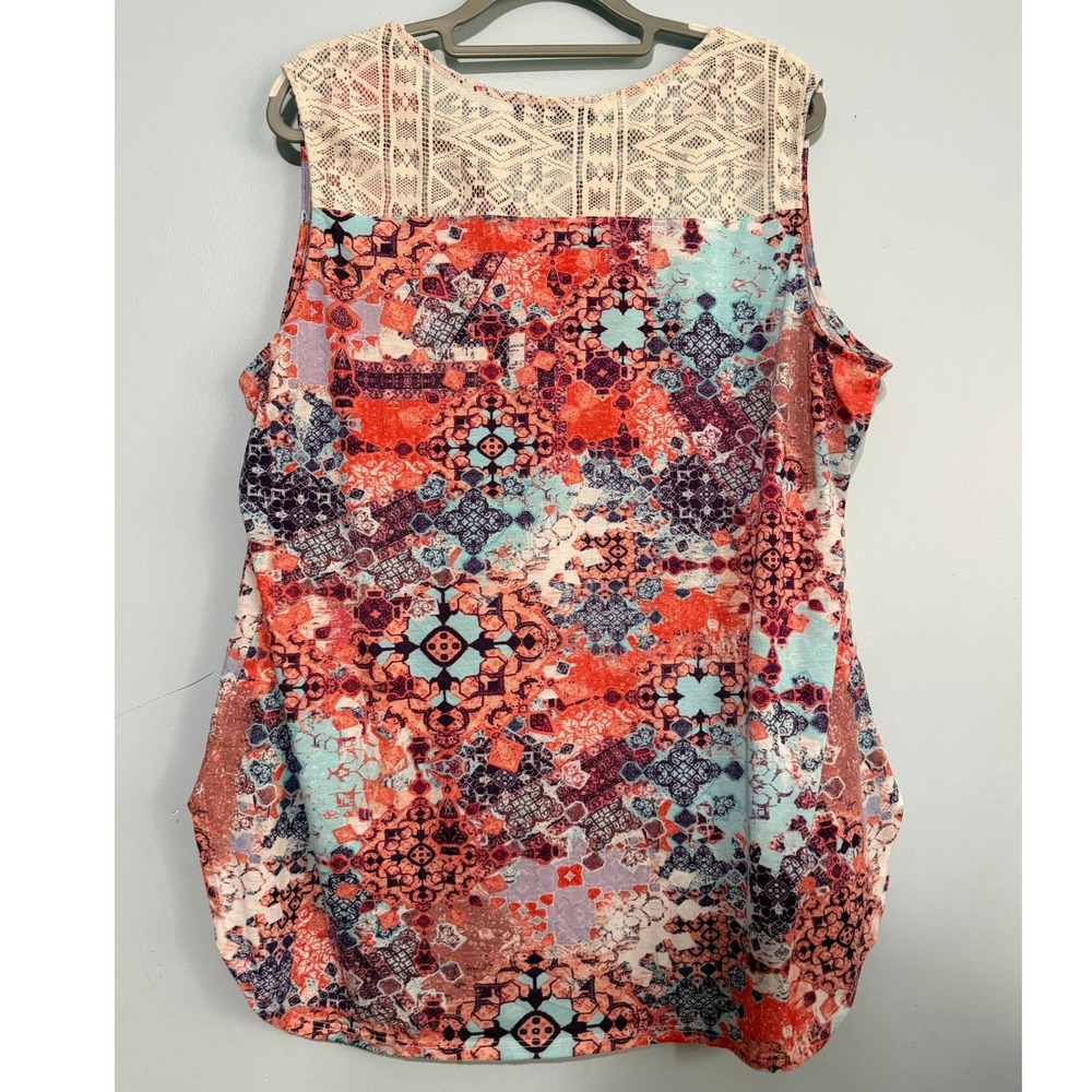 Fred David Women's 2X Sleeveless High Low Top Lace Back Henley Tile Print 1779 - Picture 2 of 4